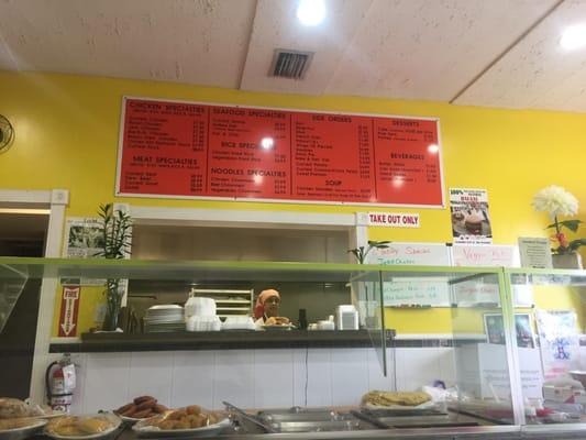 Menu and counter with hot food