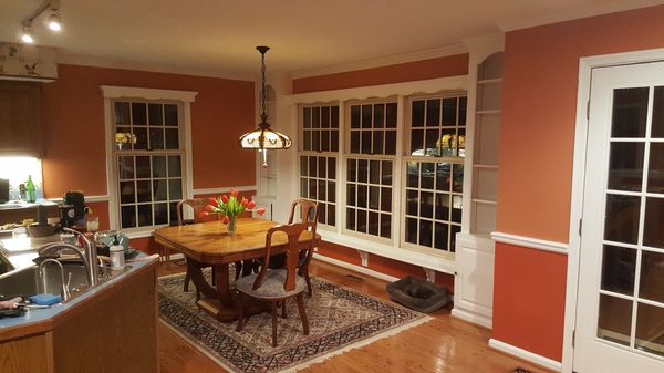 Caribbean coral and red clay on the bottom. We also painted the trim.