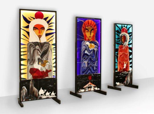 Mary, Jesus and Joseph Made with Glass, Light &amp; Dichroic on Acrylic, Wood &amp; Metal Glass Concepts 360 http://glassconc...