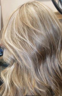 Sweet Cream hilites and latte lowlights 
All-over long layer haircut and blowdry