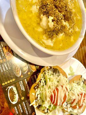 Pozole ( Hominy Pork Soup) with Mexican Oregano & Tostadas. WOW. Flavor party in my mouth !