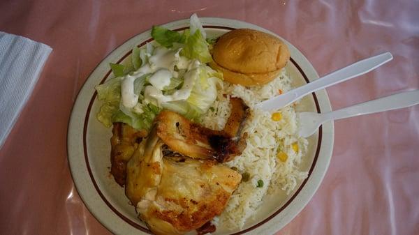 Mmmmmm baked chicken l, white rice,  salad,  and a warm buttery roll. Perfect for this weather!