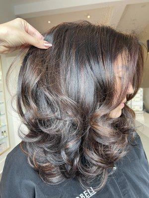 This Brunette beauty is show casing her beautiful layers and low maintenance highlights.