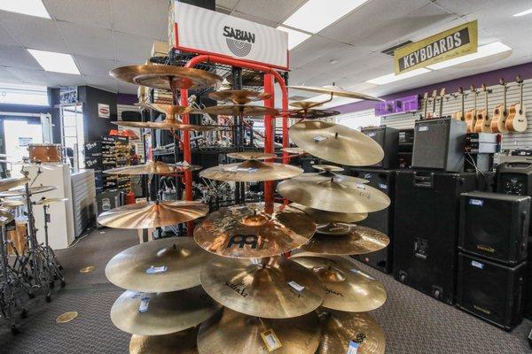 Cymbals, hardware, hand percussion, always a good variety of used percussion goods.