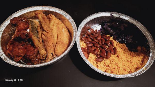 Hennessey Wings  
Fried Whiting Fish 
Fried Catfish 
Mixed  Steamed Cabbage 
Seasoned Yellow Rice 
Seasoned Red Beans