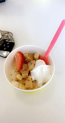 Vanilla frozen yogurt cheesecake bites strawberries and whipped cream