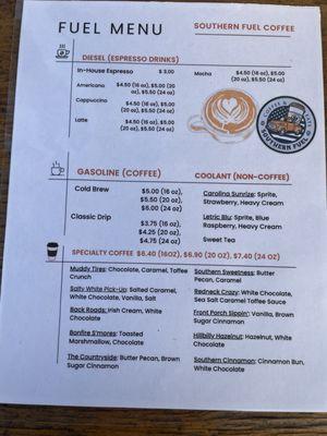 Coffee menu