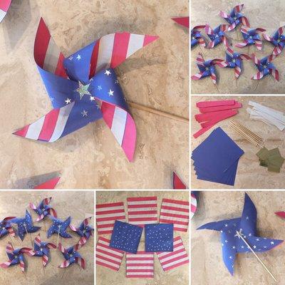 American flag pinwheel crafts in honor of Memorial Day.