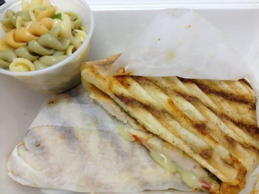 Warmed Grilled Chicken Pesto Panini and pasta salad on the side. Just try! :)9