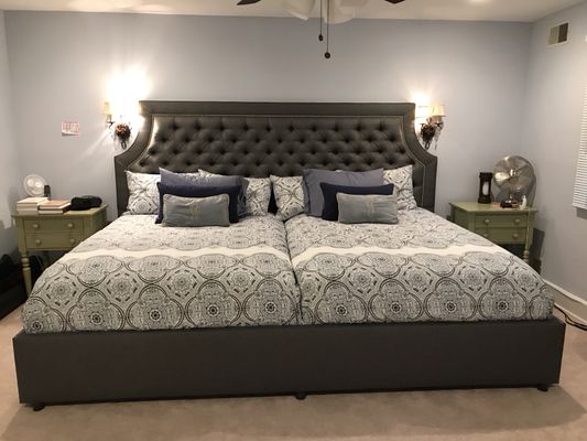 Custom double full size headboard and frame with built in Lutron Caseta switches for sconces.