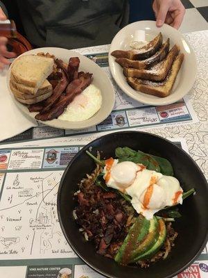 Cowboy bowl, big green breakfast with bacon rye French toast and eggs