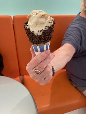 Chelate sprinkled waffle cone ($2.50) with double salted bananas foster ($6.49)