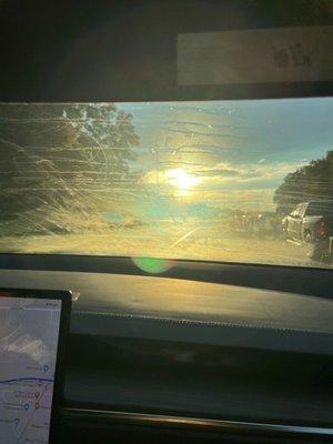 Filthy interior windshield on drive home from picking up brand new car.