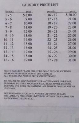 Laundry Price List