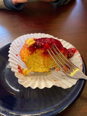 Delicious strawberry cake made from an upside down muffin.