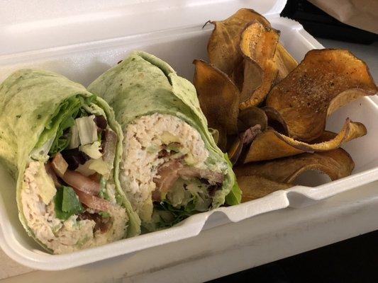 The Frear Park - Chicken Salad with Bacon, Munster cheese, mixed greens and Tomato in a wrap with homemade sweet potato chips.