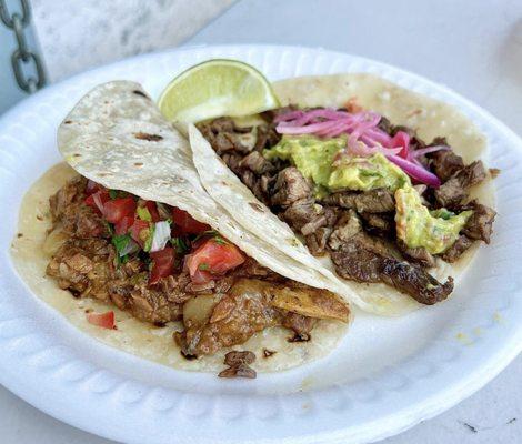 One carne asada taco, one chicharrón con salsa taco