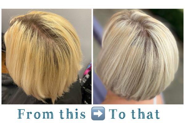 Root blending, blonde brightening, brass neutralizer, lowlights, dimensional blonde