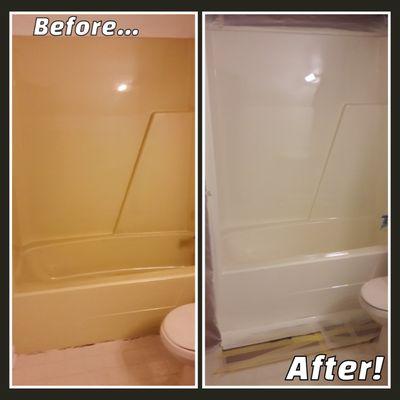 Fiberglass one piece tub shower unit, refinishing done with epoxy gloss white finish by K&B