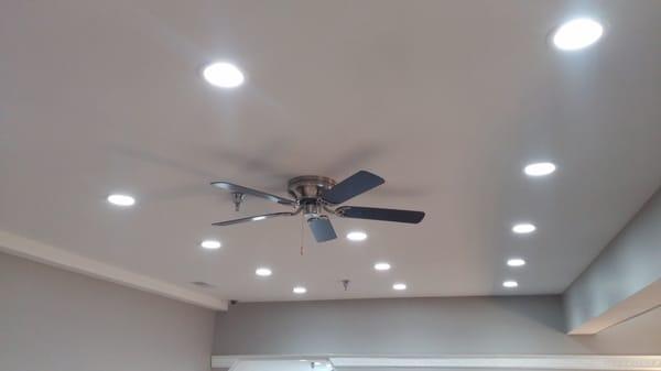 Recessed lights and ceiling fans for a car dealership. We were responsible for all of the electrical requirements of this remodel project.