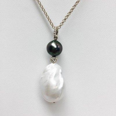 Black Pearl, Baroque Pearl and Diamonds Pendant in 14K White Gold.