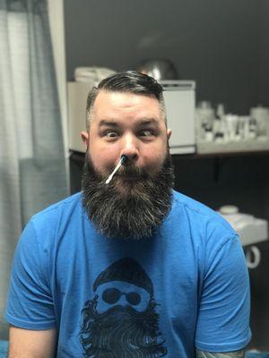 Joe working it in the barbershop: haircut, beard work and blowout, nose wax