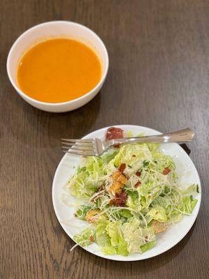 Caesar salad with homemade croutons & tomato soup