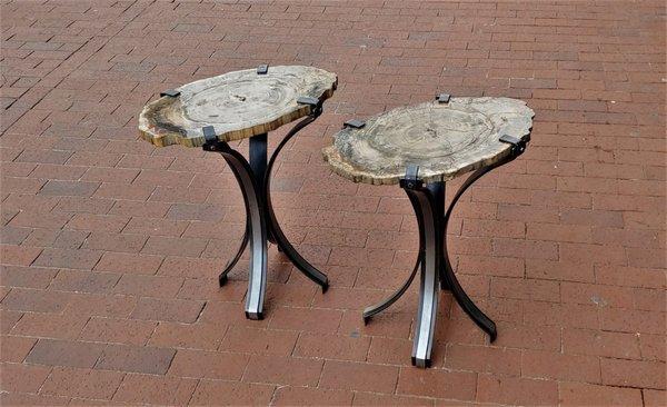 Custom petrified wood and steel tables