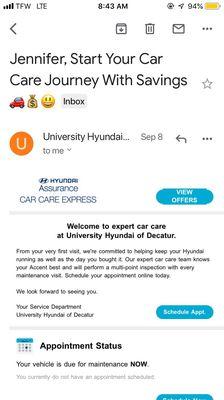 I bought my car here in August! They send reminders about service! Hands down best car experience I've EVER had- I love my Hyundai!