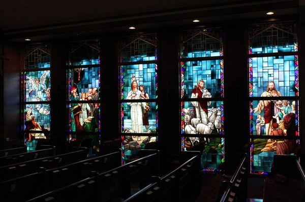 Inside stained glass in traditional sanctuary