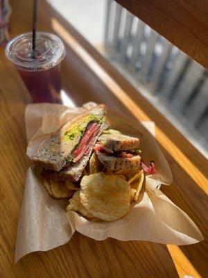 BLT w/avocado panini and unsweetened iced tea.