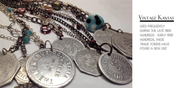 Vintage Kansas trade tokens, turned into keepsake pieces of jewelry.