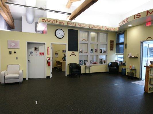 Large socially-distanced lobby with hand sanitizing stations and wheelchair accessible restroom