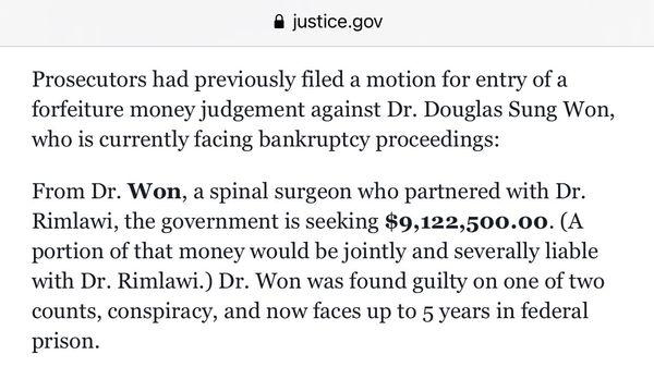 Screen cap from the United States Attorney's Office regarding Dr. Won's conviction at trial.