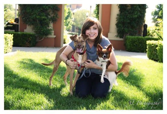 Amelia with her dogs, Jade and Fawkes.