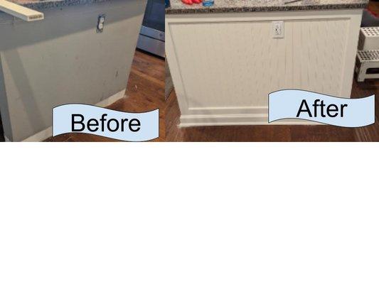 Before and after on a kitchen island beadboard project.