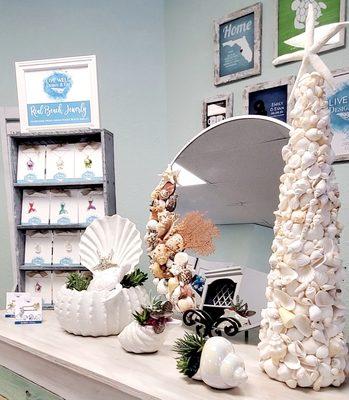 Here are some of our favorite coastal creations. Shell jewelry made by us with shells from our local beaches and shell home decor.