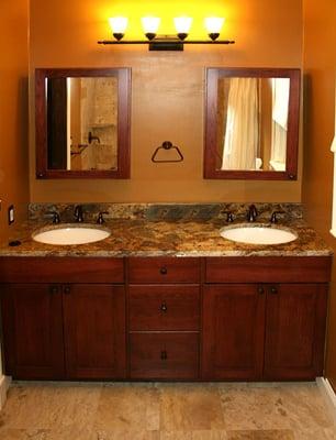 Hickory Vanity, Granite Top, Dual Sinks and Tile Floor.