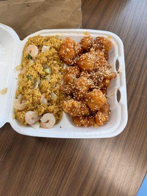 Shrimp fried rice and sesame chicken