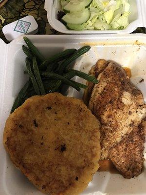 Add this to your list of takeout orders. Juicy catfish and corncake!