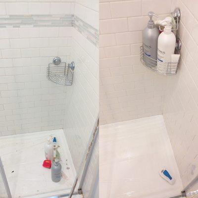 Before and After of a freshly cleaned and sanitized shower of our customer.