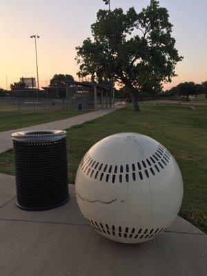 Trashcan-sized baseballs throughout the Josey Branch Sports Complex