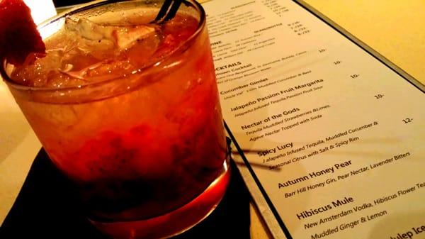 Nectar of the Gods: Tequila, muddled strawberries and limes, agave nectar, topped with soda.