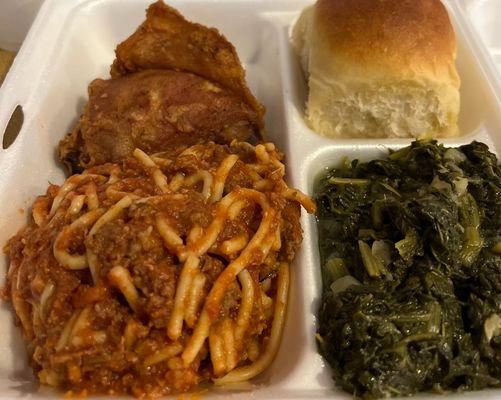 Fried Chicken, Spaghetti, Turnip Greens, and Roll