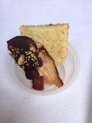 Chocolate covered bacon with a complimentary bacon sugar cookie from Tabla