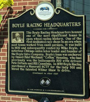 Boyle Racing Headquarters Historical Marker, Indianapolis