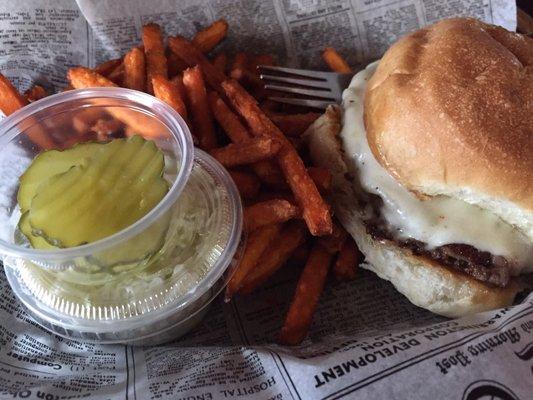 Cheese burger w/upgraded sweet potato fries