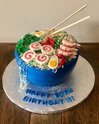 An example of some of the more fun fondant work that we do.  The ramen noodles are actual noodles cooked in sugar water for authenticity.