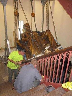 Machinery Movers & Erectors rigged and removed the Matthew Fontaine Maury statue at Preston Library - Virginia Military Institute and transp