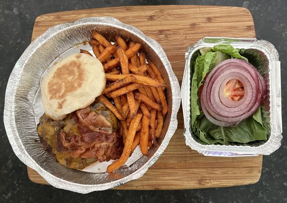 Cherry Street burger on English Muffin with sweet potato fries and bacon add-ons